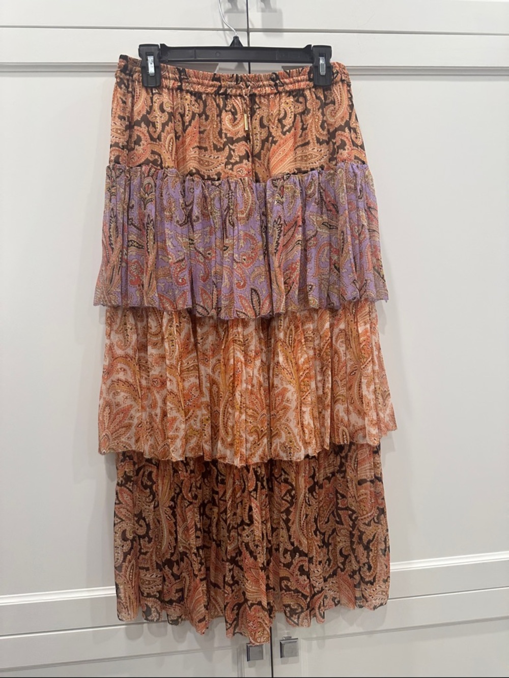 Zimmermann Tiered Paisley Maxi Skirt in Orange & Purple